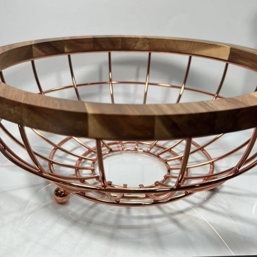 Acacia Wood and Wire‎ Fruit Basket with Copper Finish